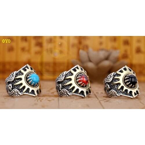 100%925 Sterling Silver Trendy Male Personality Phoenix Sun Turquoise Onyx Thai Silver Retro Mens Open Ring