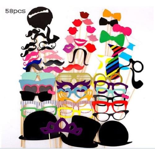 58PCs/set Photo Booth Props Glasses Hat Mustache Lip On A Stick Wedding Birthday Party Decoration