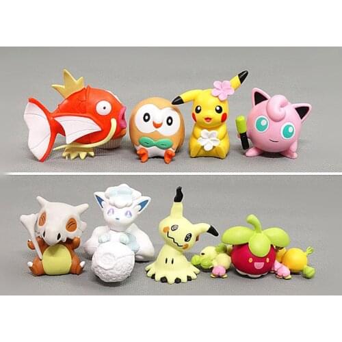 8Pcs/Set Q Version Pokemon Pikachu Magikarp Rowlet Jigglypuff Cubone Vulpix Mimikyu Anime Figures PVC Toys Model Kids GIft