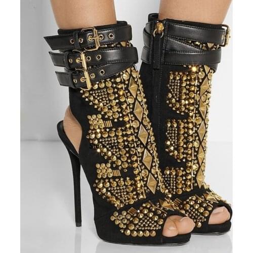 New punk style rivets stud gladiator sandals summer boots thin high heels fashion women shoes open toe buckle ankle boots