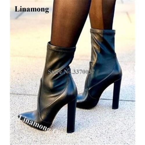 Linamong Women Fashion Pointed Toe Chunky Heel Short Boots Slip-on Leather Suede Super High Heel Ankle Booties Dress Shoes