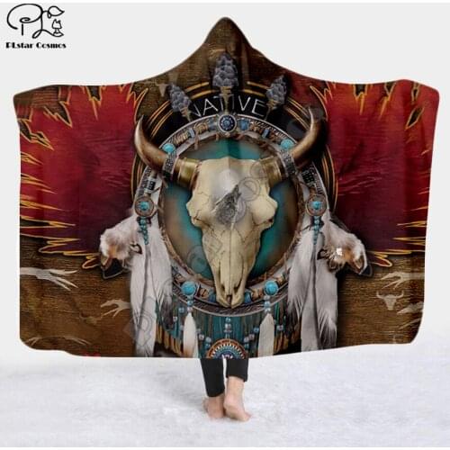 Black Native Indian Lakota Skull buffalo soldier Hooded Blanket 3D full print Wearable Blanket Adults Kids style-3