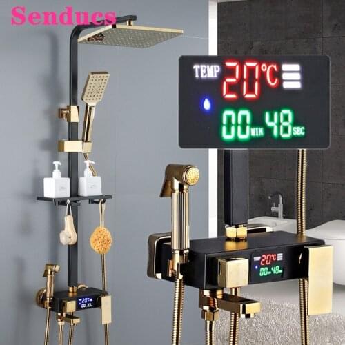 Senducs Digital Shower Set of Temperature Display Bathroom Mixer Faucets 8 Inch Square Rainfall Shower Head Hot Cold Shower Set