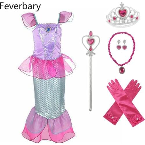 Feverbary Mermaid Cosplay Costume Girls Ariel Dress Up Wig Summer Princess Costume Kids Halloween Carnival Party Outfit Gift