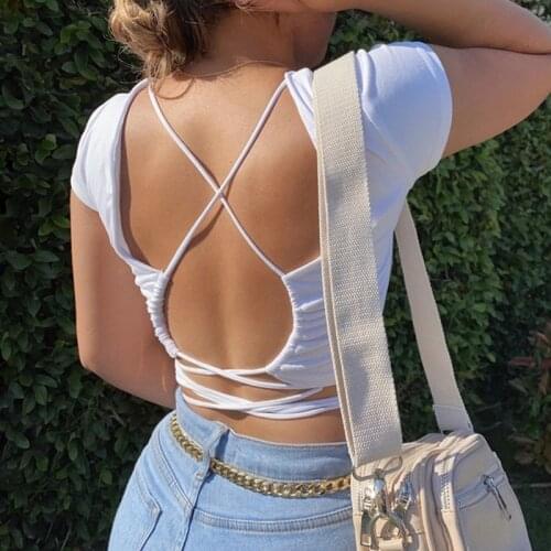 Sexy Backless Bandage T-shit 2021 Women Summer Casual Slim Fit Cropped Tops Fashion Streetwear Basic Black White Tops Tee