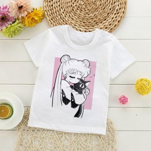 Summer New Fashion Cartoon Tshirts Japanese Anime Graphic Printed Children T-shirt Kids Girls Cute Cat Tops Tee
