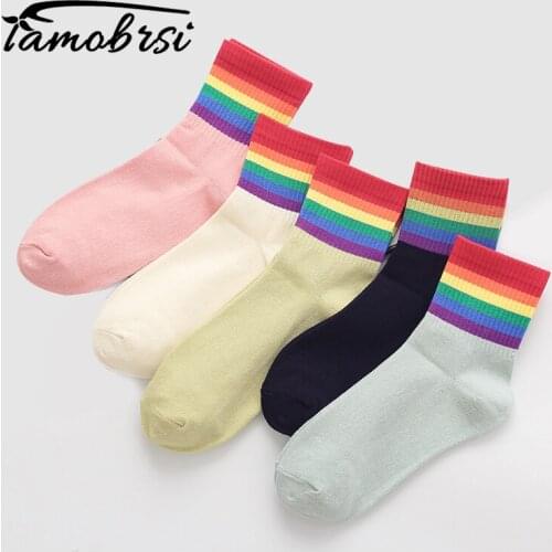 Striped Rainbow Cute Korean ladies Streetwear Women Socks Warm Funny Candy Pink Black Short Winter Cotton Neon Happy LGBT Socks