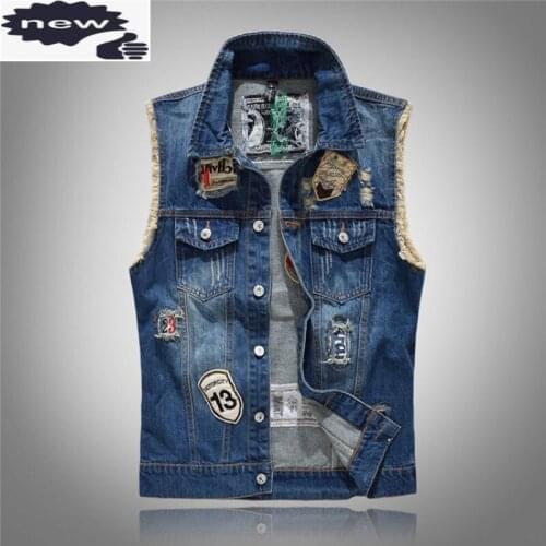 Fashion Men Moto Biker Sleeveless Denim Hole Ripped Tassels Spliced Waistcoat Jean Jacket Plus Size 4XL Slim Fit Vests
