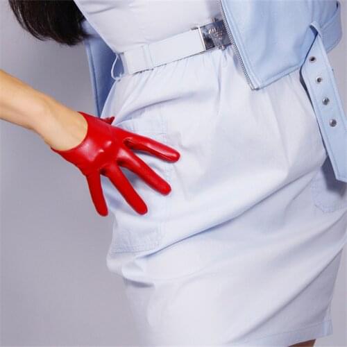13cm Fashion Women Ultra-Short Leather Gloves Wrist Simulation Leather Imitation Leather Imitation Sheepskin Big Red PUDH13