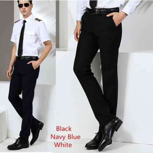 Summer Mens Airline Pilot Uniforms Hair Stylist Black Navy blue white Suit Pants Slim Fit Workwear Big Size Male Solid Clothing