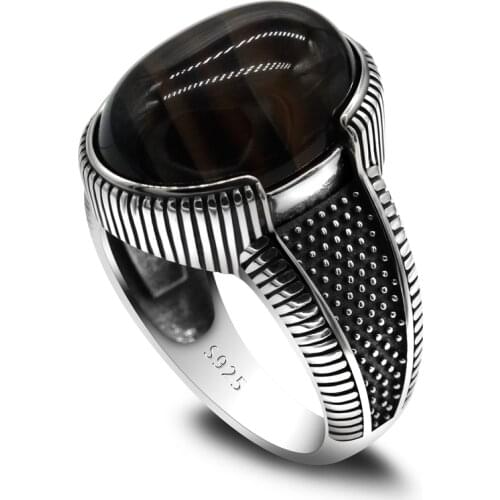Men Agate Ring 925 Sterling Silver Vintage Big Oval Natutal Stone Rings Turkish Handmade Antique Silver Jewelry to Male Gift
