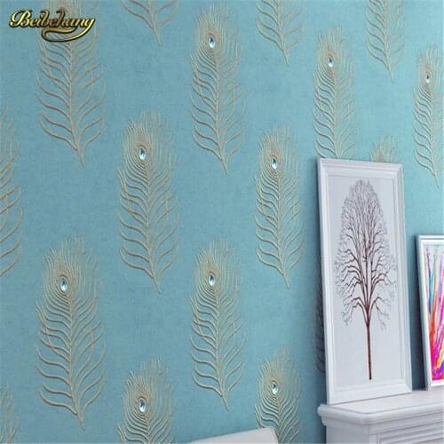 Beibehang 3D Diamond For Bedroom Background Wall paper Wall World High Quality Peacock Blue Feathers Wallpaper Embroidery