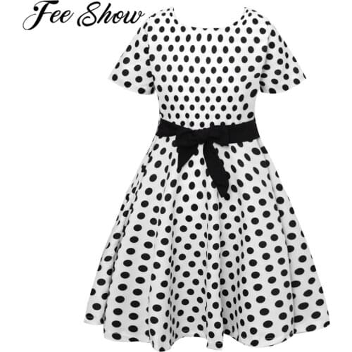 Girls Classic Polka Dot Dress for 50s Theme Party Dot Dresses For Girls Childrens Short Sleeves Casual Dress Concert Dancewear