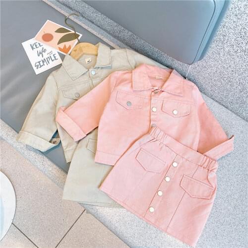Girls' Solid Color Denim Jacket + Short Skirt Two-piece Suit Toddler Girl Fall Clothes 2021 Kids Boutique Clothing Wholesale