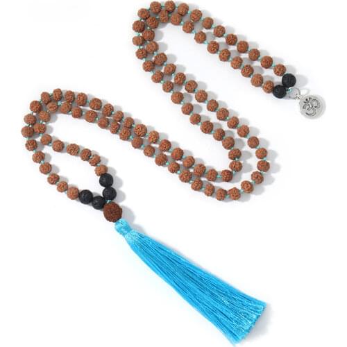 Original Rudraksha Black Lava Stone Beaded Knotted Necklace Meditation Yoga Tibetan 108 Japa Mala Tassel Jewelry with OM Amulet