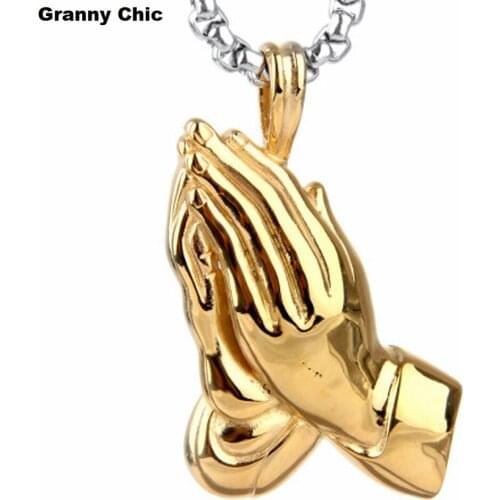 Granny Chic Mens Jewelry Yellow Gold Stainless Steel Prayer Palm Religious Pendant Box Necklace