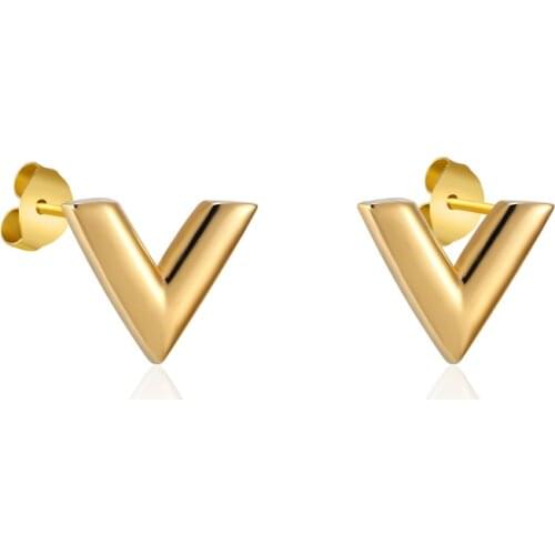 Luxury Brand Jewelry Simple Design V Letter Earrings For Women Stainless Steel Gold-Color Elegant Party Stud Earrings KE002-1