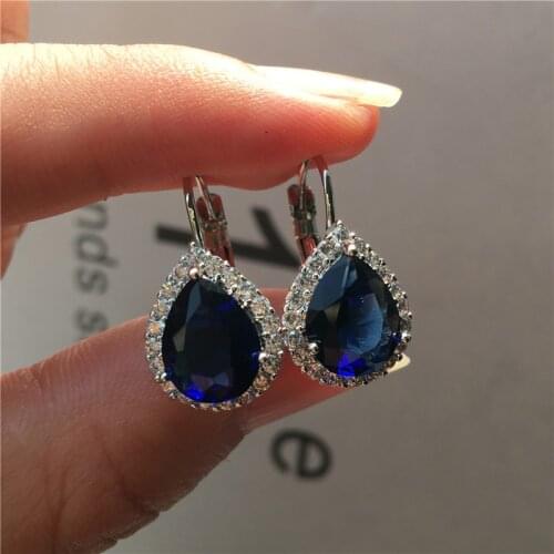 Luxury Female Small Teardrop Earrings Boho Silver Color Clip Earrings For Women Crystal White Blue Red Purple Earrings