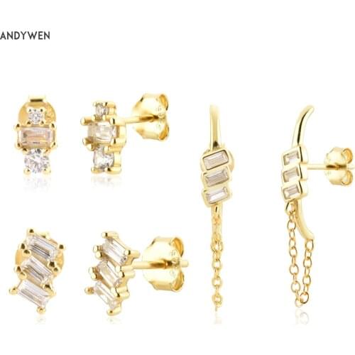 ANDYWEN 925 Sterling Silver Square Zircon CZ Stud Earring Piercing Pendiente 2021 Chain Three CZ Women Wedding Jewelry Gift
