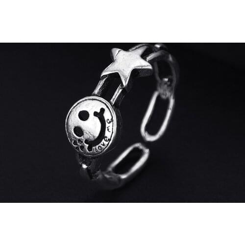 Vintage Smiling Face Star Antique Silver Plated Punk Hiphop Rock Style Resizable Rings for Women Girl & Man Retro Party Jewelry