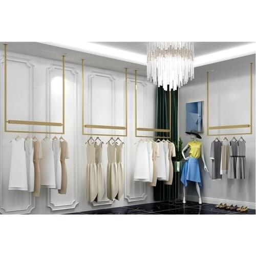 Clothing store display rack wall - mounted special clothes rack iron art on the wall of womens clothing hanging shelves gold ha