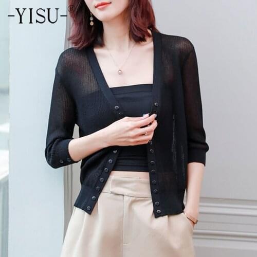 YISU Women Spring Casual Cardigan Solid color V-Neck Transparent Long sleeve Spring tops Female Knitted Cardigan Thin section