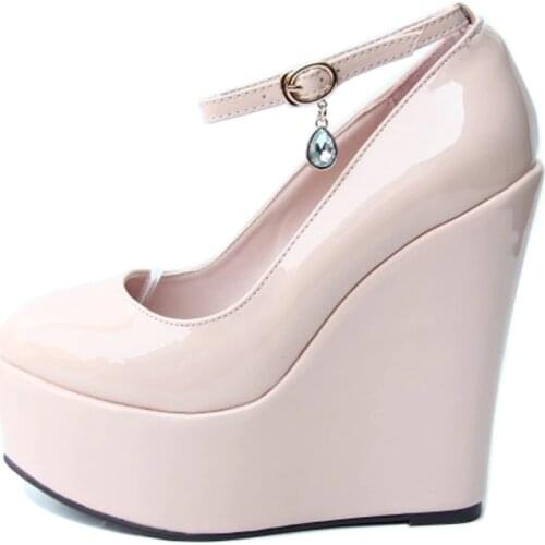 Women Pumps 2020 Wedding Party Shoes PU Buckle Strap 15CM Wedges High Heels Round Toe Fashion Casual Office & Career shoes women