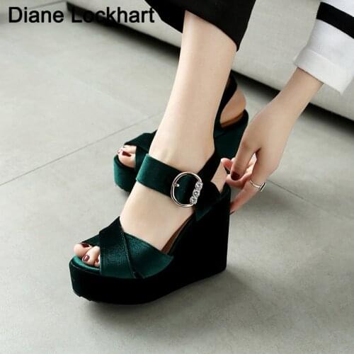 Summer Wedges Velour Velvet Super High Heels Platform Sandals Woman Buckle Strap Shoes Women T-show Runway Sandalies Feninina
