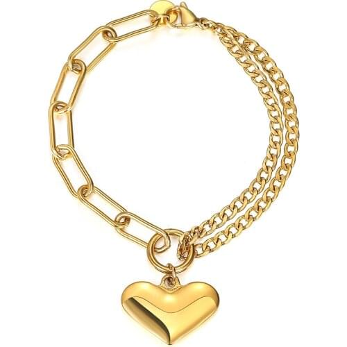 Heart Love Charm Bracelet for Women Stainless Steel Curb Cuban Paperclip Link Mothers Day Gift for Mom Jewelry 8" 20cm DDB316
