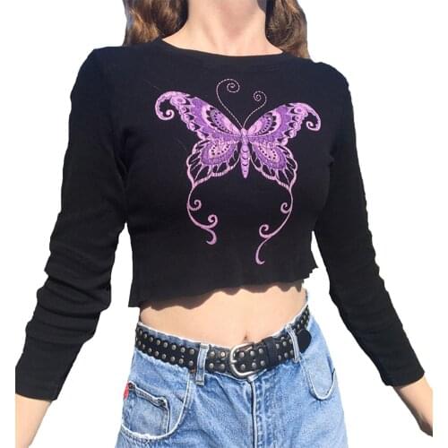 Women Autumn Pullover Polyester Casual Y2K Crop Tops Adults Autumn Butterfly Print Long Sleeve Round Neck T-shirts