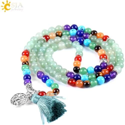 CSJA Women Maxi Long Necklace Natural Mala Gem Stone Bead Tassel 7 Chakra Tiger Eye Pink Quartz Howlite Reiki Boho Necklace E590