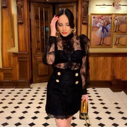 Celebrity bandage dress elegant woman bandage suits full sleeves lace top and bandage skirt woman black two pieces suit vintage