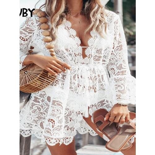 SRUBY 2020 Summer Ruffles White Cover-ups Flower Hollow Out Deep V Beach Wear Dress Bandage Swim Wear