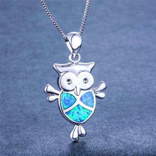 Vintage Animal White Blue Opal Stone Necklace Cute Female Big Owl Pendant Necklace Trendy Silver Color Chain Necklaces For Women