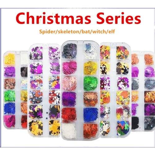 10 Sets Halloween Nail Art Decorations Bat Spider Skull Elf Witch Sequin Decals DIY Gel Polished Nail Art Decoration Accessories