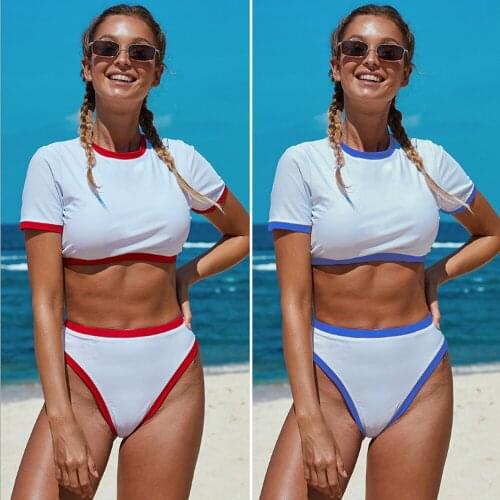 2020 Sexy Women Solid Color Short Sleeve Bikini Set Swimsuit Swimwear Bathing Suit Two-piece Cropped T-shirt High Waist Swimwear
