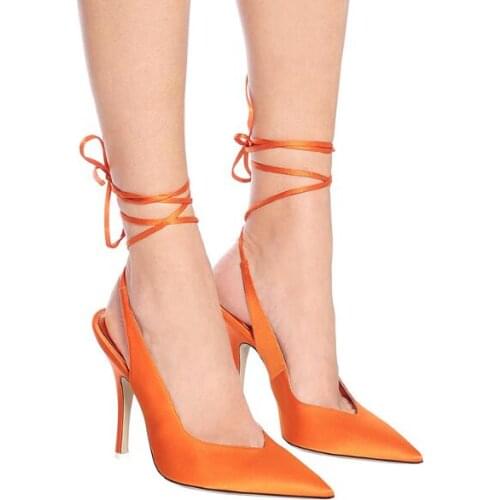 Moraima Snc Runway Candy Color Satin High Heel Shoes Sexy Pointed Toe Lace-up Party Dress Heels Thin heels Stiletto Shoes