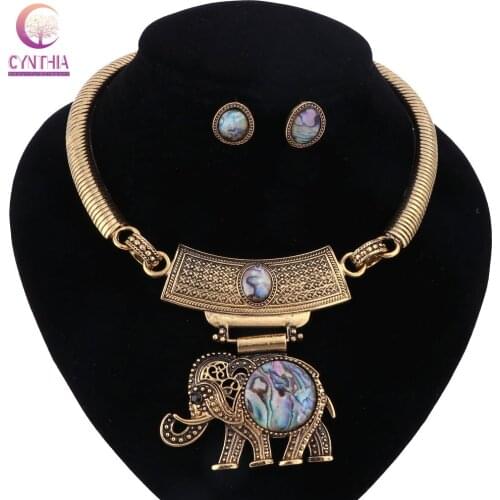 CYNTHIA Elephant Pendant Statement Necklace Earrings Set Vintage Jewelry Wholesale Gold color Party Jewelry Set