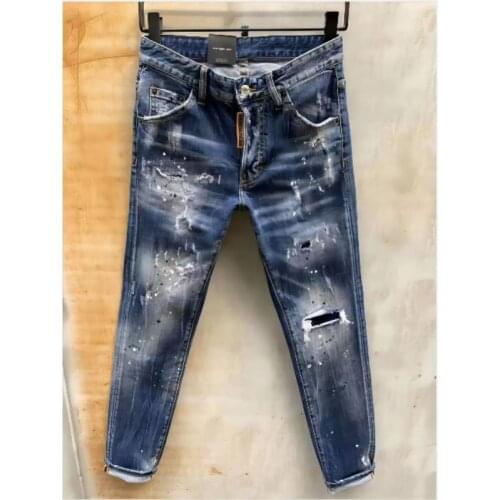 Mens Slim Micro-elastic Paint Hole Jeans 978