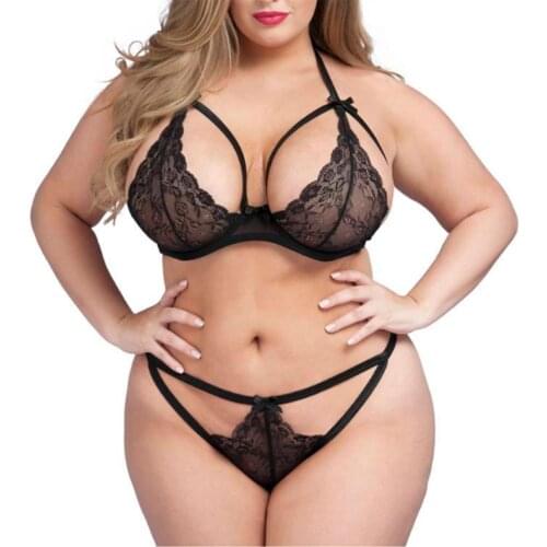 Womens Plus Size Lingerie Set Lace Strappy Halter Bra Underwear Suit