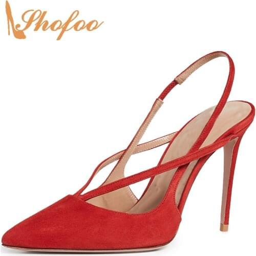 Red Pointed Toe Stilettos Slingbacks Pumps Woman High Thin Heels Female Ladies Dress Shoes Party Fashion Mature Large Size 11 16
