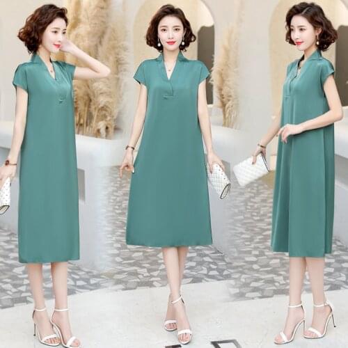 Summer Mid-Calf Dress Woman 2020 New Casual Elegant Vintage Party Dresses Red V-Neck Loose Solid Short Sleeve Plus Size Dress