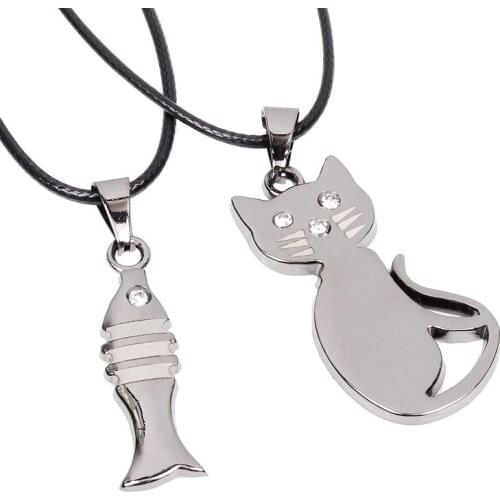 Fashion Korean leather necklace delicate Cat and Fish Stainless Steel pendant Necklace Women Valentines birthday gift armband