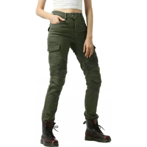 Free shipping army green motorcycle riding pants for women volero protetive straight jeans female knight daily casual trousers