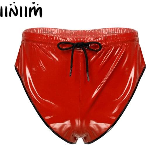 Men Male Drawstring Elastic Waistband Patent Leather Shorts Nightclub Stage Performance Fashion Holographic Briefs with Pocket