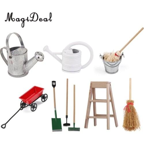 MagiDeal 3Pcs/Set Garden Tools +Tin Metal Watering Can for 1/12 Scale Dollhouse Miniatures Garden Scenery Scene Model Kids Toys