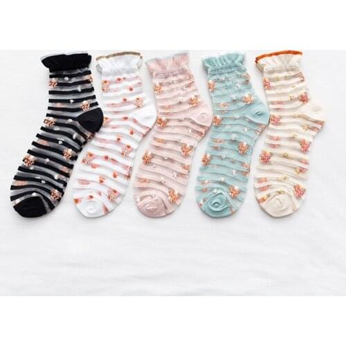5 Pairs/Lot Summer Women Crystal Anti-skid Transparent Thin Socks Harajuku Striped Femme Mesh Breathable Sexy Low Socks