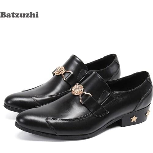 New Handmade Mens Shoes Pointed Toe Black Genuine Leather Dress Shoes Men with Stars Fashion Business/Party Shoes Men Leather