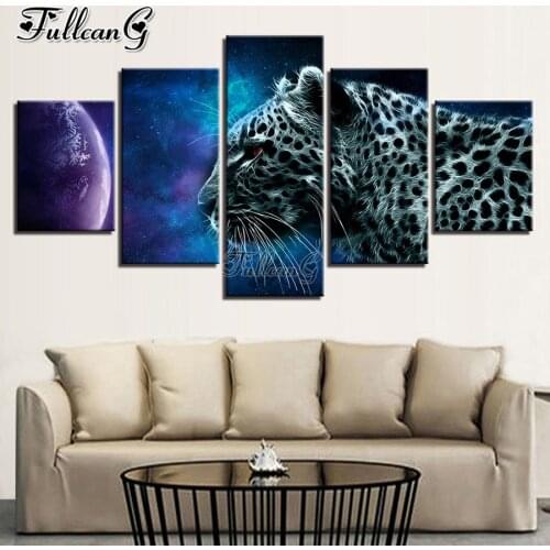 FULLCANG Animal leopard 5 piece diy diamond painting full square round drill mosaic embroidery sale wall decoration FG0184