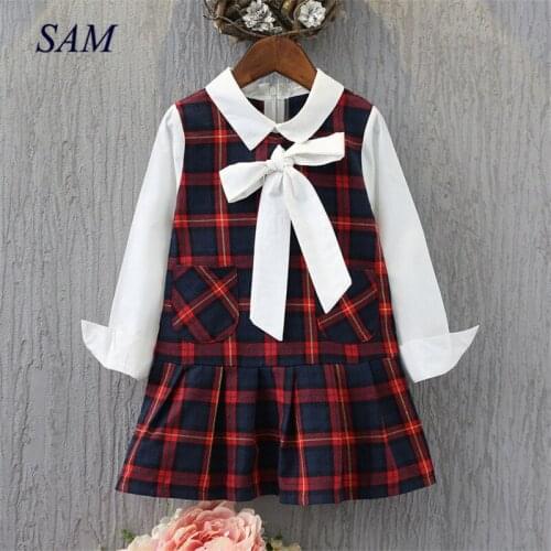 Toddler Girls Casual Plaid Bow-tie Princess Party Dress Kids Baby Outfits Long Sleeve Girls Dresses Elegant Princess Clothes